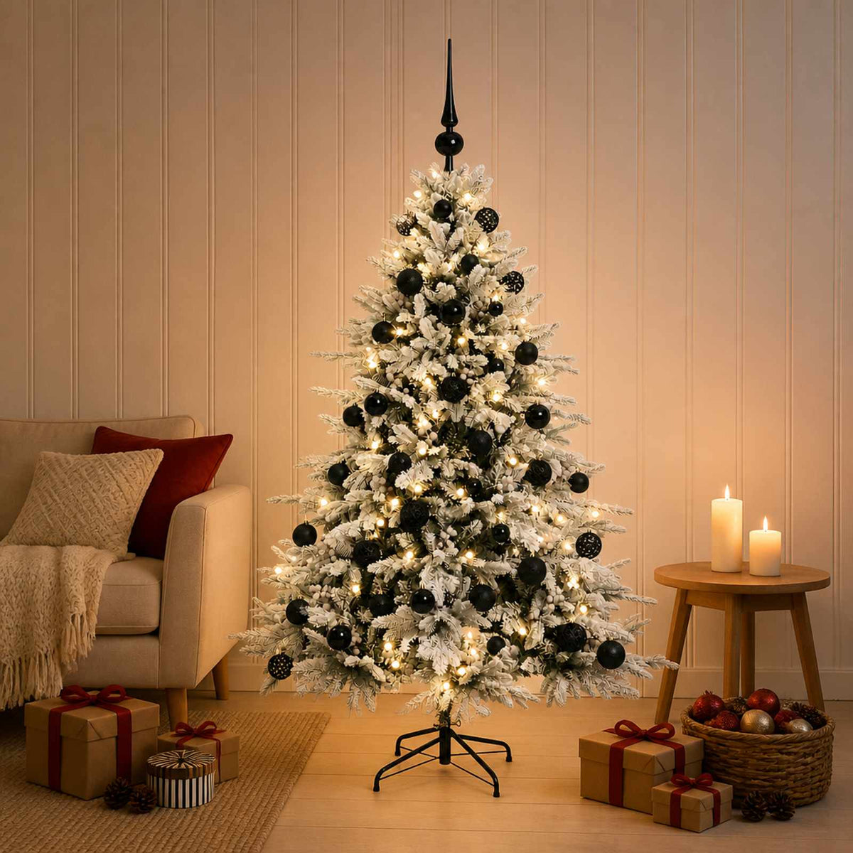 Artificial Christmas Tree with Bauble 150 LEDs Green and White 120 cm with LEDs & black balls