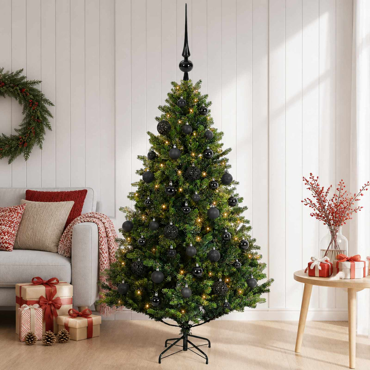 Artificial Christmas Tree with Bauble 150 LEDs Green 150 cm with LEDs & black balls