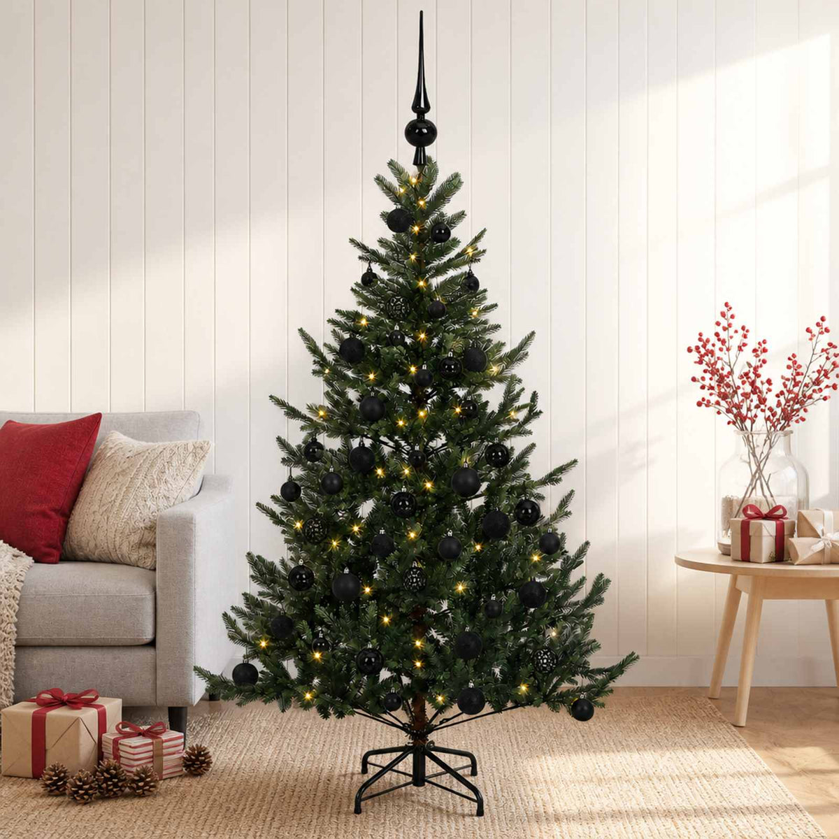 Artificial Christmas Tree Bauble LEDs Green black balls