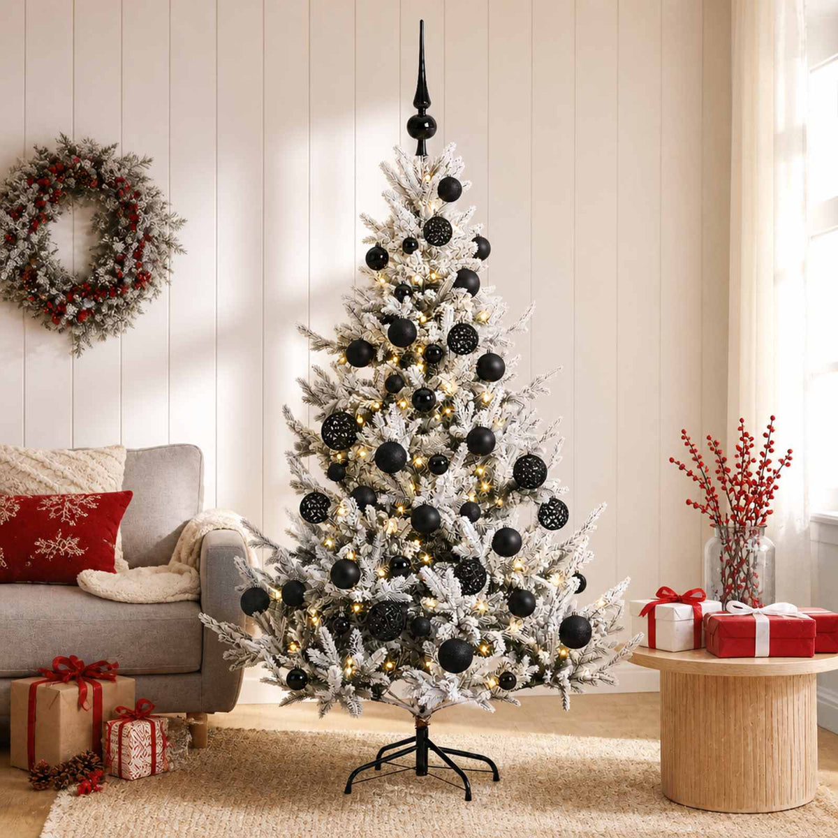Artificial Christmas Tree with Bauble 150 LEDs Green and White 150 cm with LEDs & black balls