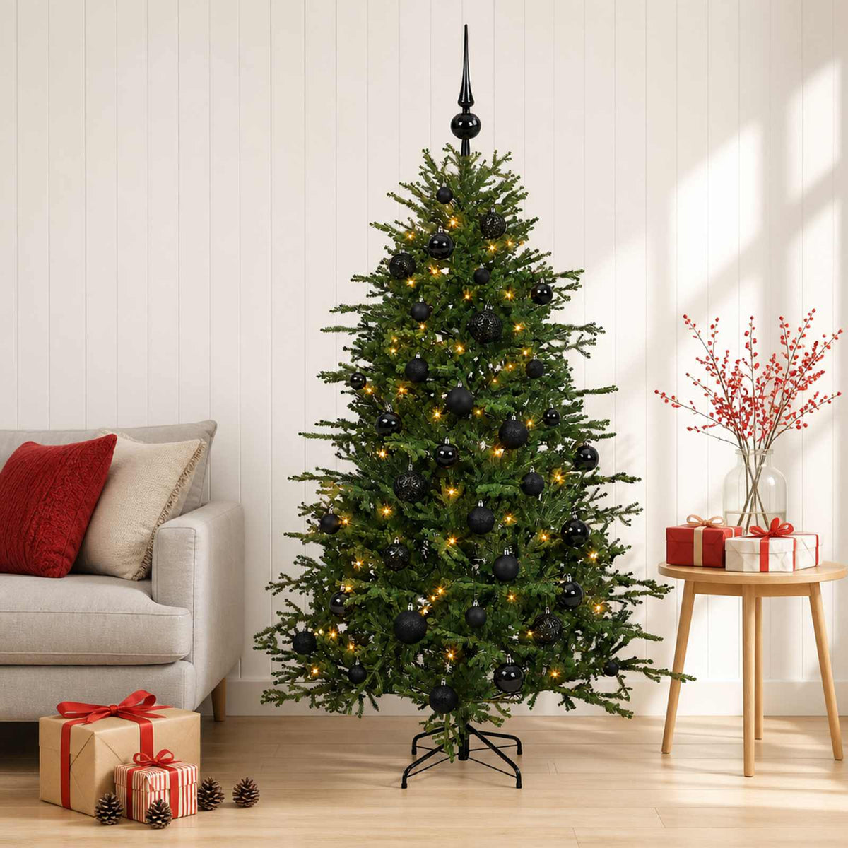 Artificial Christmas Tree with Bauble 150 LEDs 150 cm with LEDs & black balls