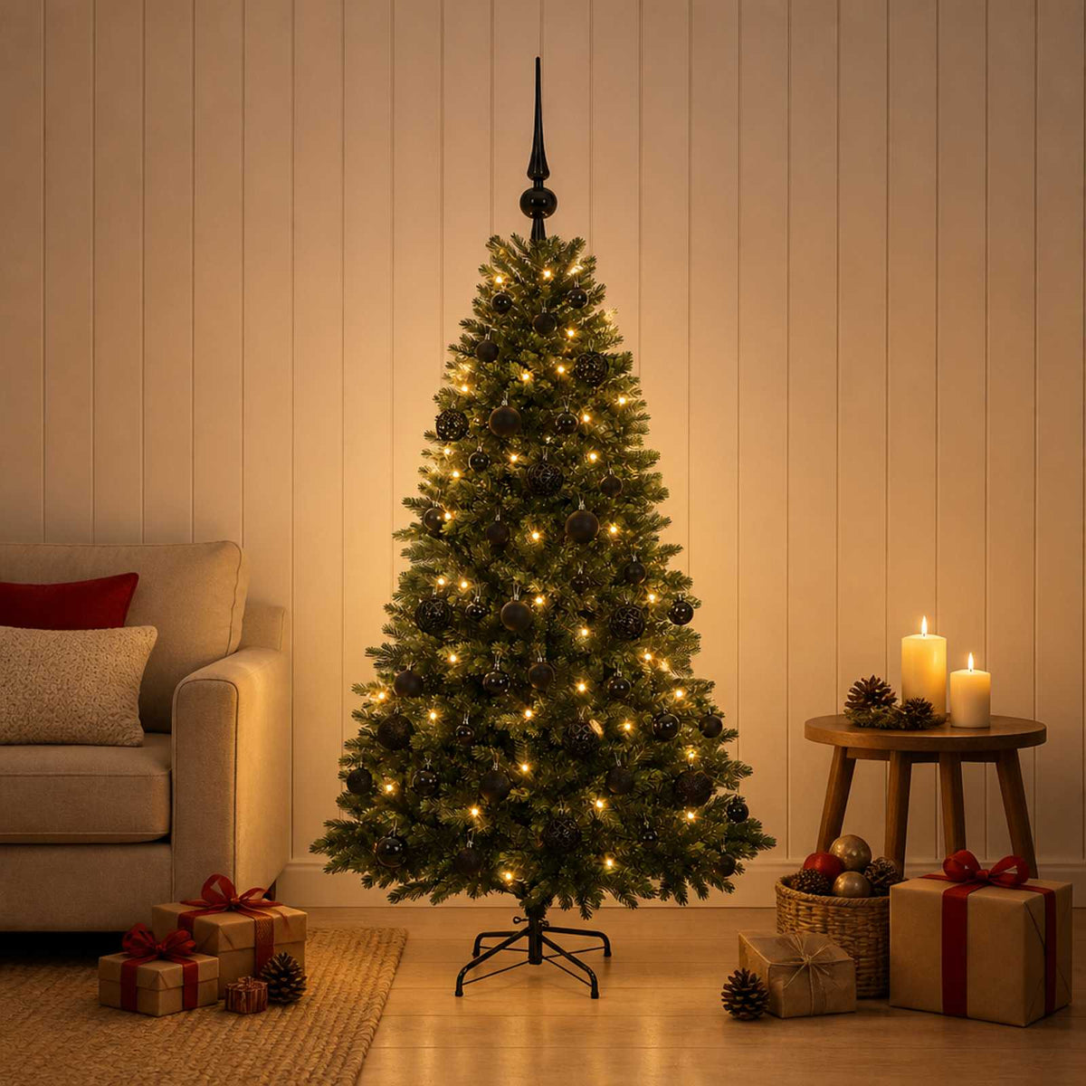 Artificial Christmas Tree with Bauble 150 LEDs 120 cm with LEDs & black balls