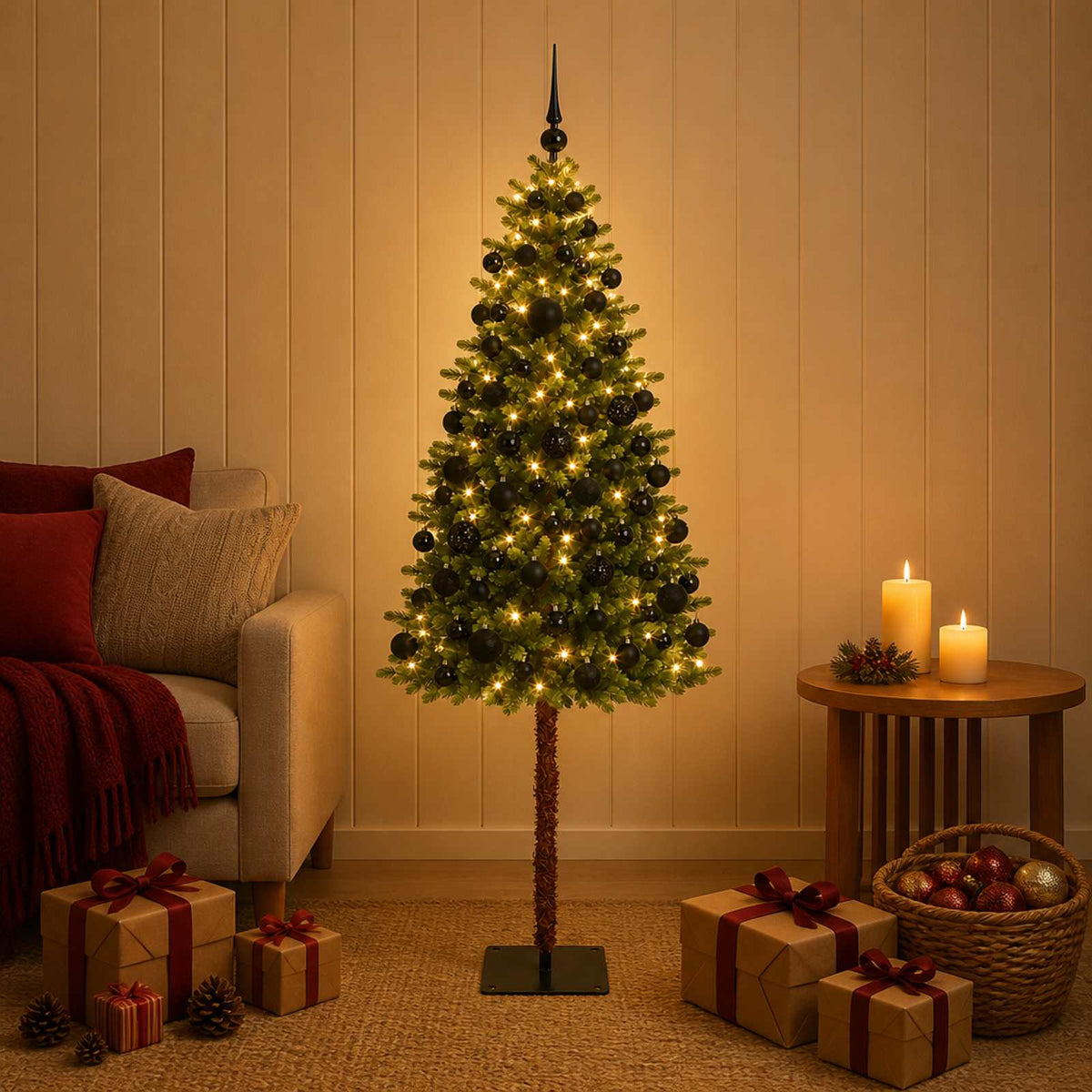 Artificial Christmas Tree with Bauble 150 LEDs Green 180 cm with LEDs & black balls