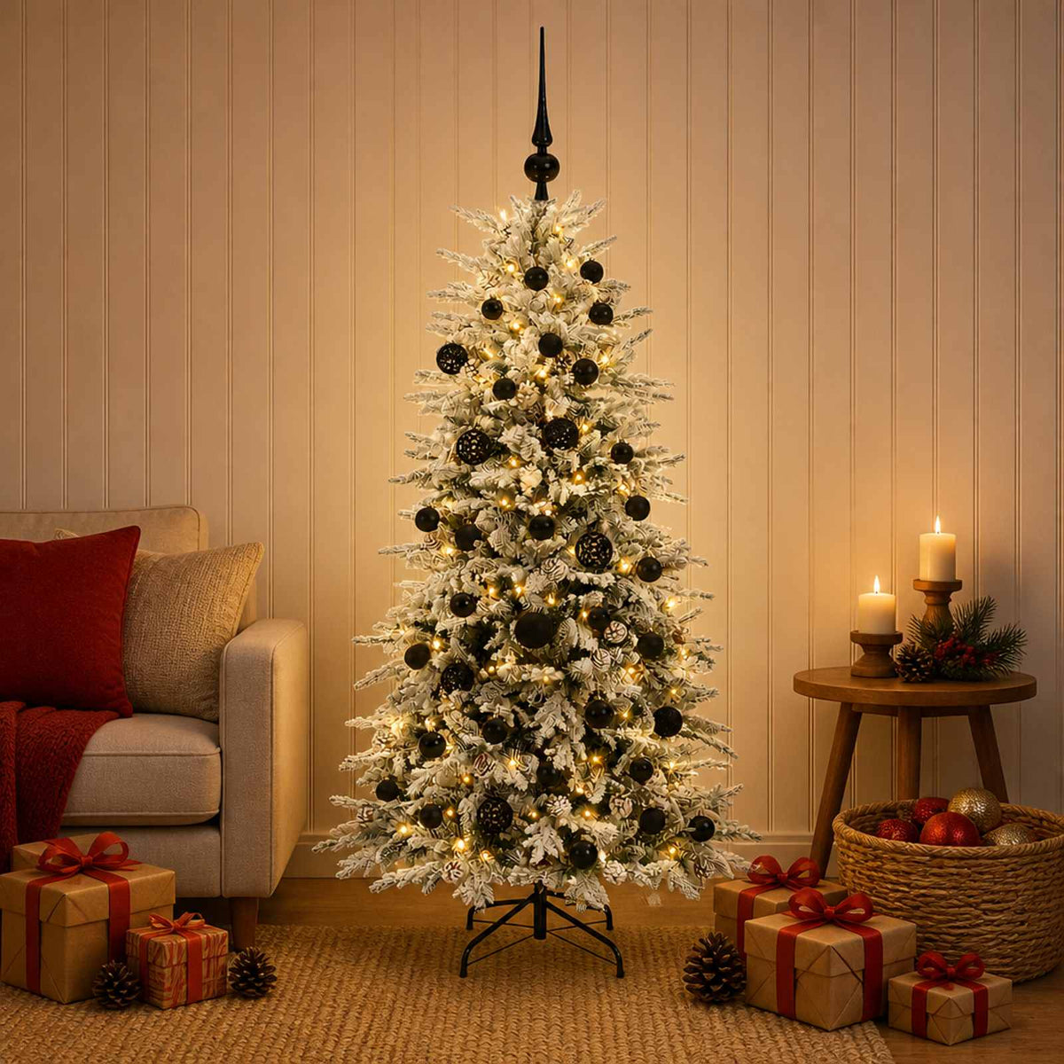 Artificial Hinged Christmas Tree 150 LEDs Warm White Green and White 120 cm with LEDs & black balls