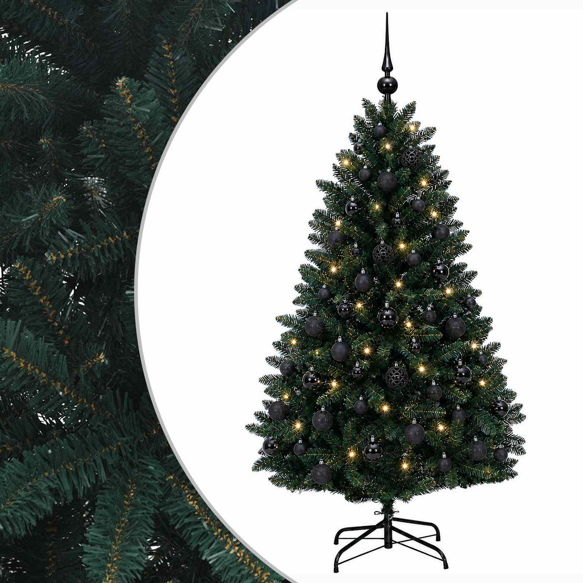 Artificial Christmas Tree with Bauble 150 cm Dark Green Ø 80 x 150 cm with 150 LEDs&black balls