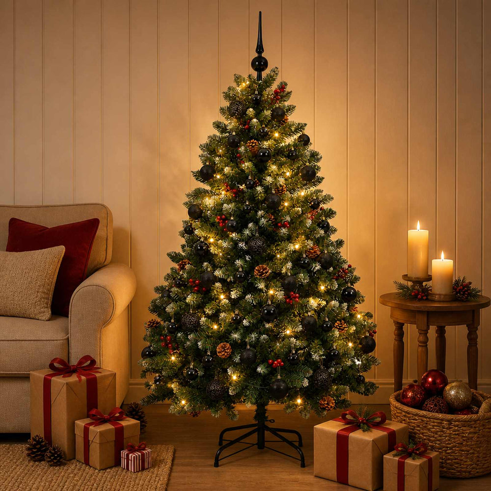 vidaXL Artificial Christmas Tree Green with Bauble 150 cm 150 LEDs Green with Frosted Tips Ø 80 x 150 cm