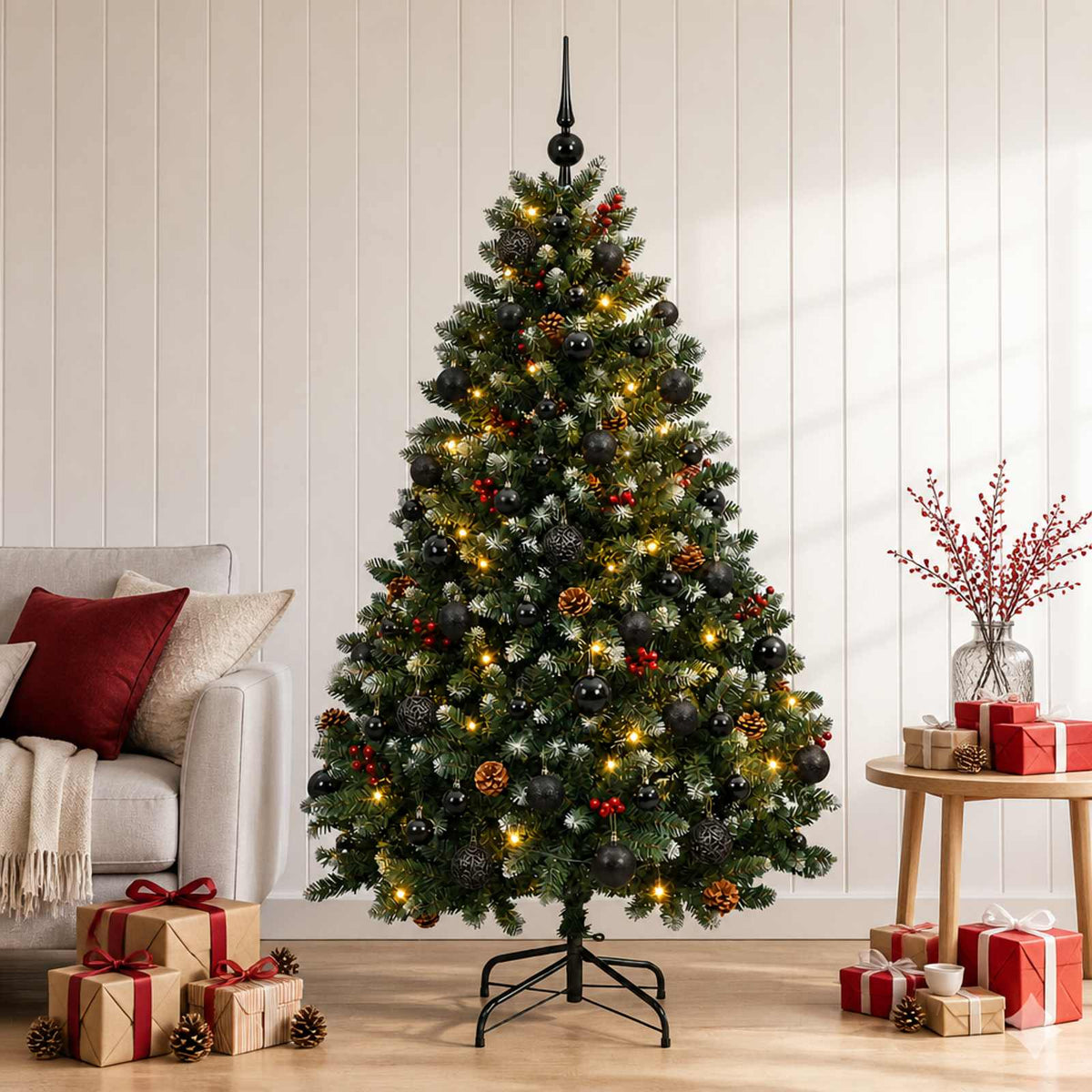 Artificial Christmas Tree Green with Bauble 180 cm 300 LEDs Green with Frosted Tips Ø 90 x 180 cm with 300 LEDs&black balls