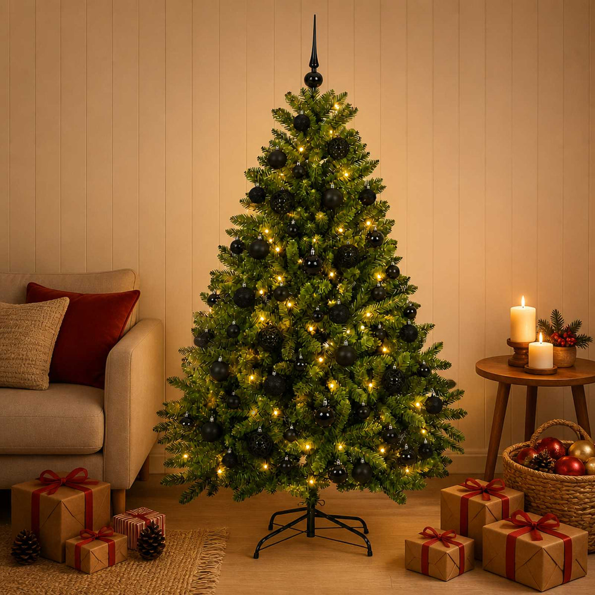 Artificial Christmas Tree with Bauble 120 cm Light Green Ø 88 x 120 cm with 150 LEDs&black balls