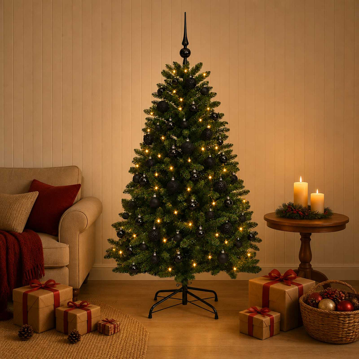 Artificial Christmas Tree Mid-green with Bauble 180 cm 300 LEDs Medium Green Ø 117 x 180 cm with 300 LEDs&black balls
