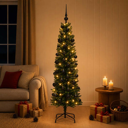 Artificial Slim Christmas Tree with Bauble 150 LEDs Green 120 cm with LEDs & black balls