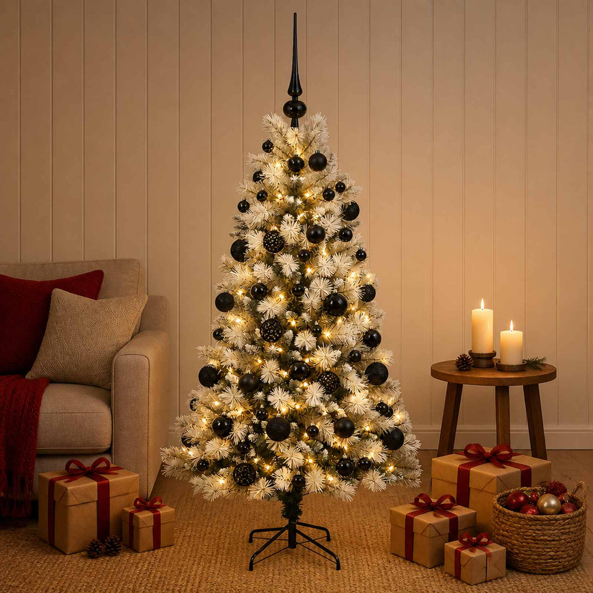 Artificial Hinged Christmas Tree with Baubles 150 LEDs 120 cm with LEDs & black balls