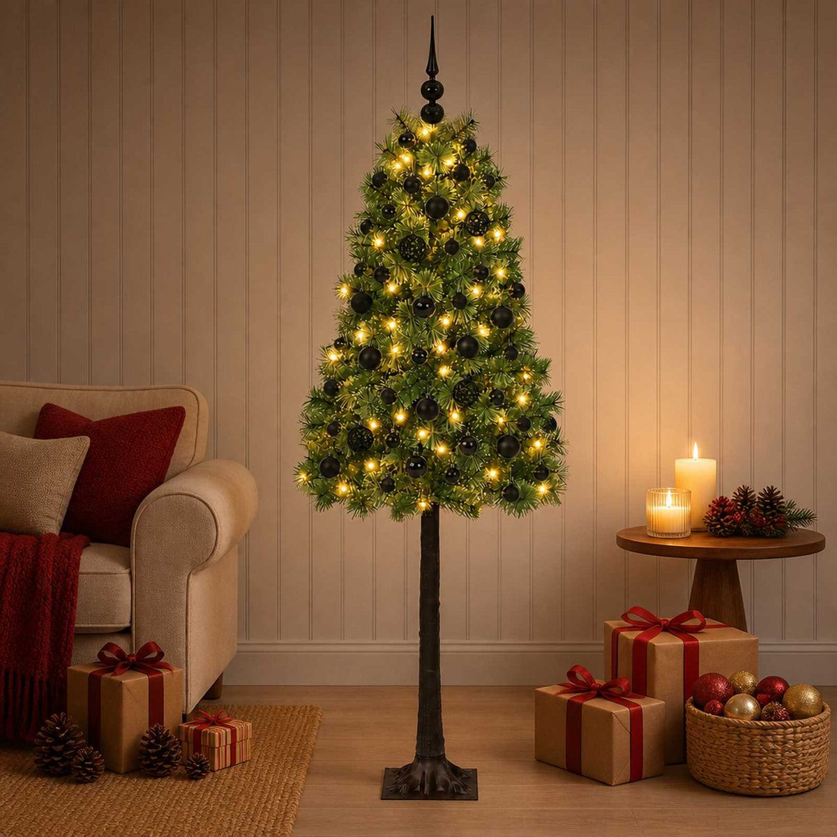 Artificial Hinged Christmas Tree with Baubles 150 LEDs Green 120 cm with LEDs & black balls
