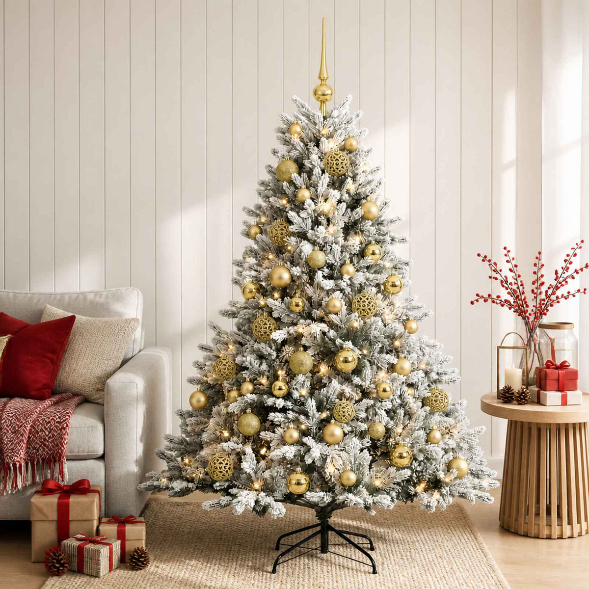 Artificial Christmas Tree with Bauble 150 LEDs Green and White with LEDs & gold balls