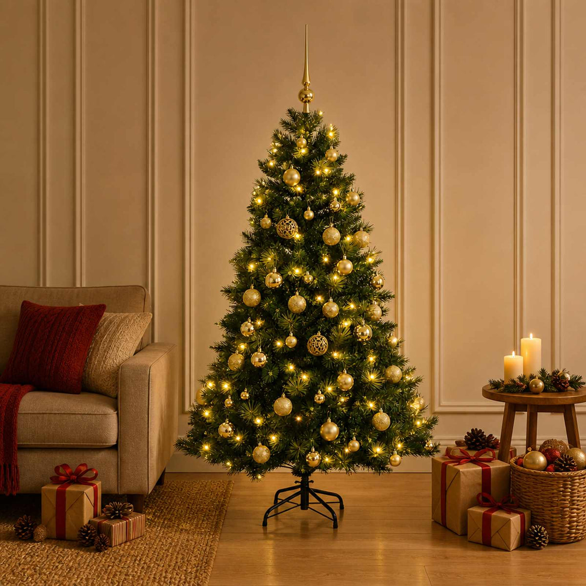 Artificial Christmas Tree with Bauble 150 LEDs Green with LEDs & gold balls