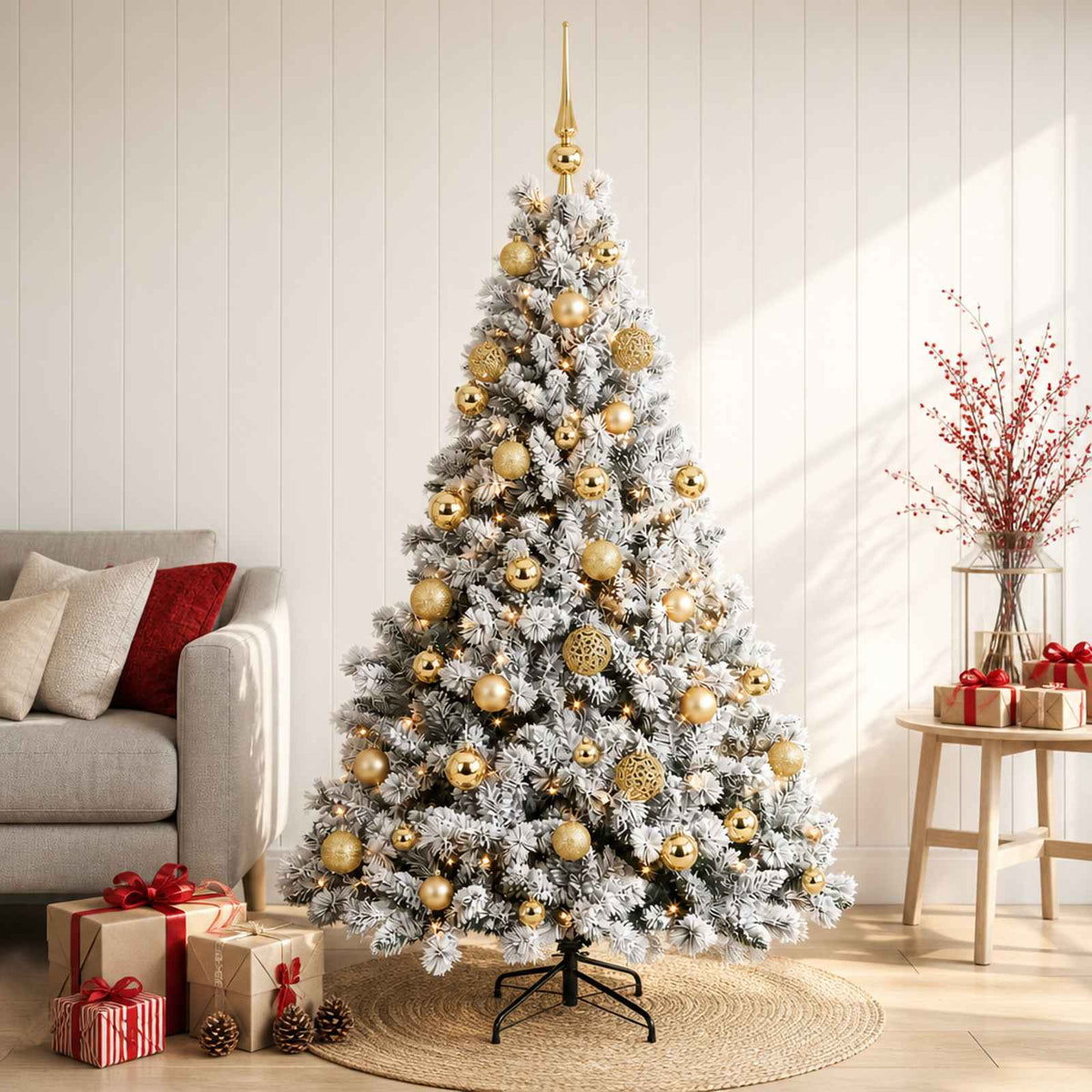 Artificial Christmas Tree with Bauble 150 LEDs Green and White Height 120 cm with LEDs & gold balls