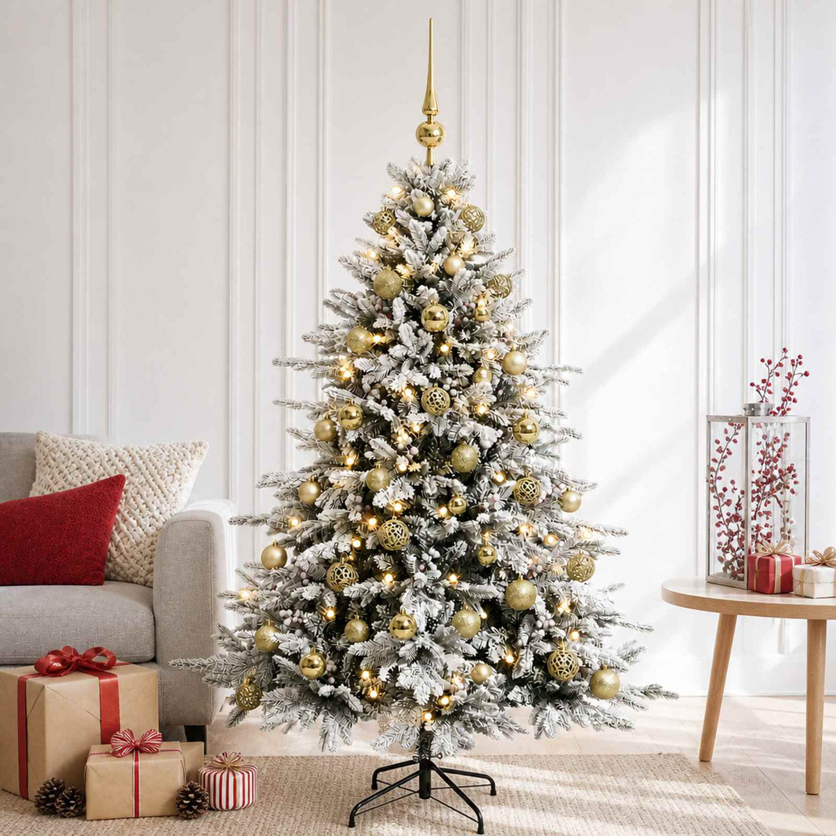 Artificial Christmas Tree with Bauble 150 LEDs Green and White 120 cm with LEDs & gold balls