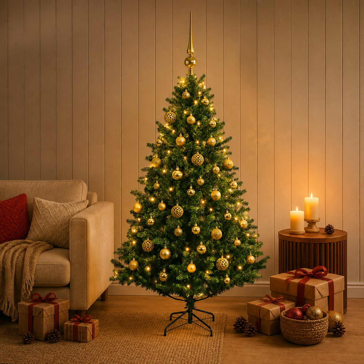 Artificial Christmas Tree with Bauble 150 LEDs Green 150 cm with LEDs & gold balls