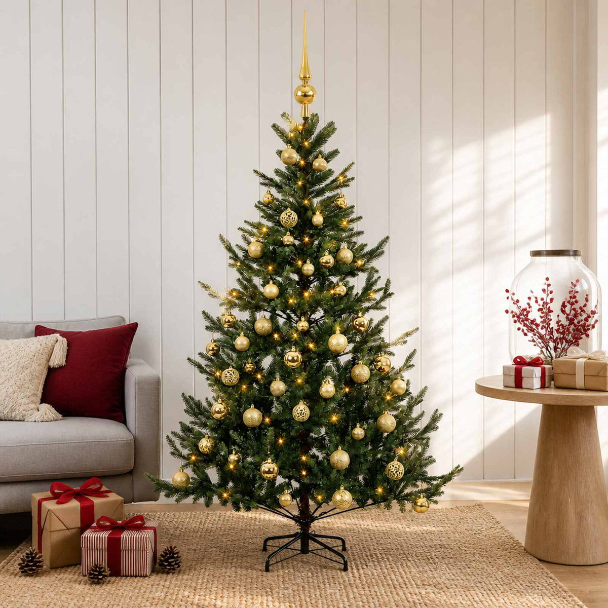 Artificial Christmas Tree with Bauble 150 LEDs Green 150 cm with LEDs & gold balls