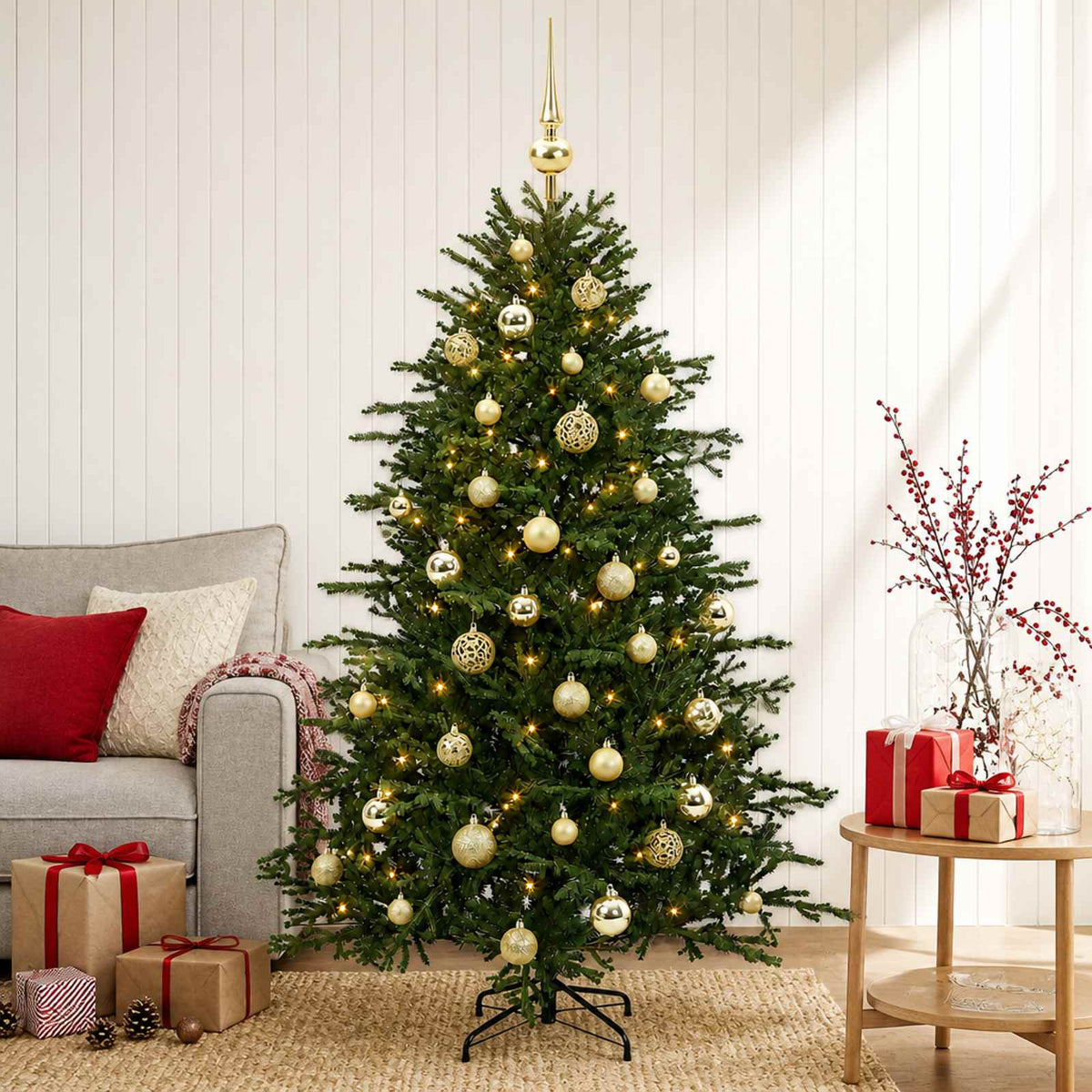 Artificial Christmas Tree with Bauble 150 LEDs 150 cm with LEDs & gold balls