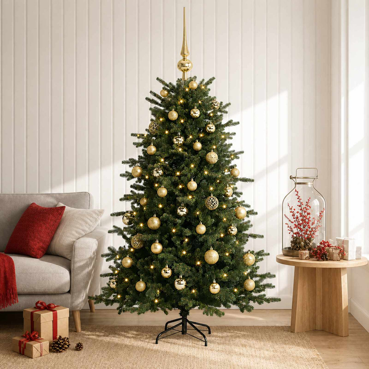 Artificial Christmas Tree with Bauble 150 LEDs 150 cm with LEDs & gold balls