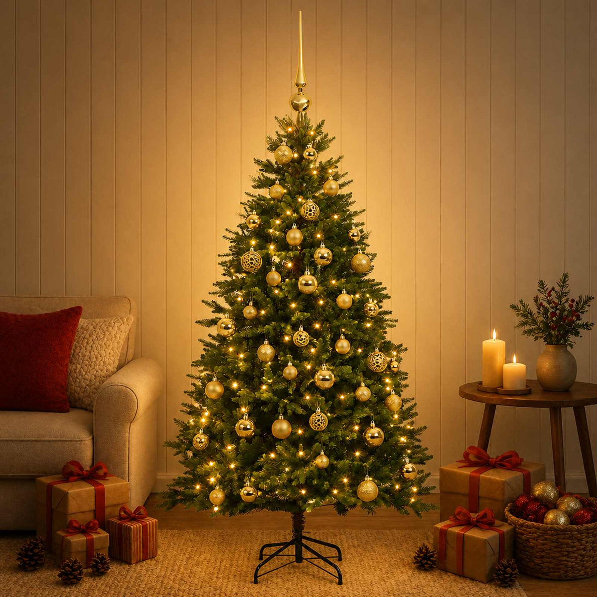 Artificial Christmas Tree with Bauble 150 LEDs Green 120 cm with LEDs & gold balls