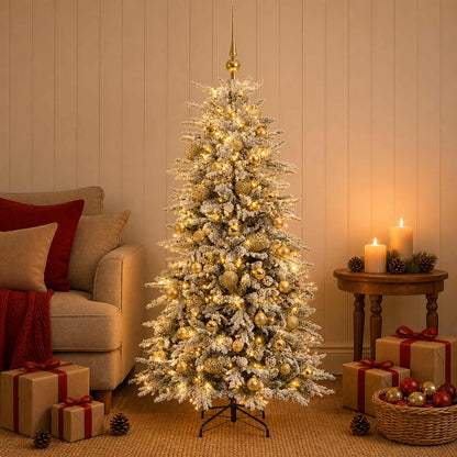 Artificial Hinged Christmas Tree 150 LEDs Warm White Green and White 120 cm with LEDs & gold balls