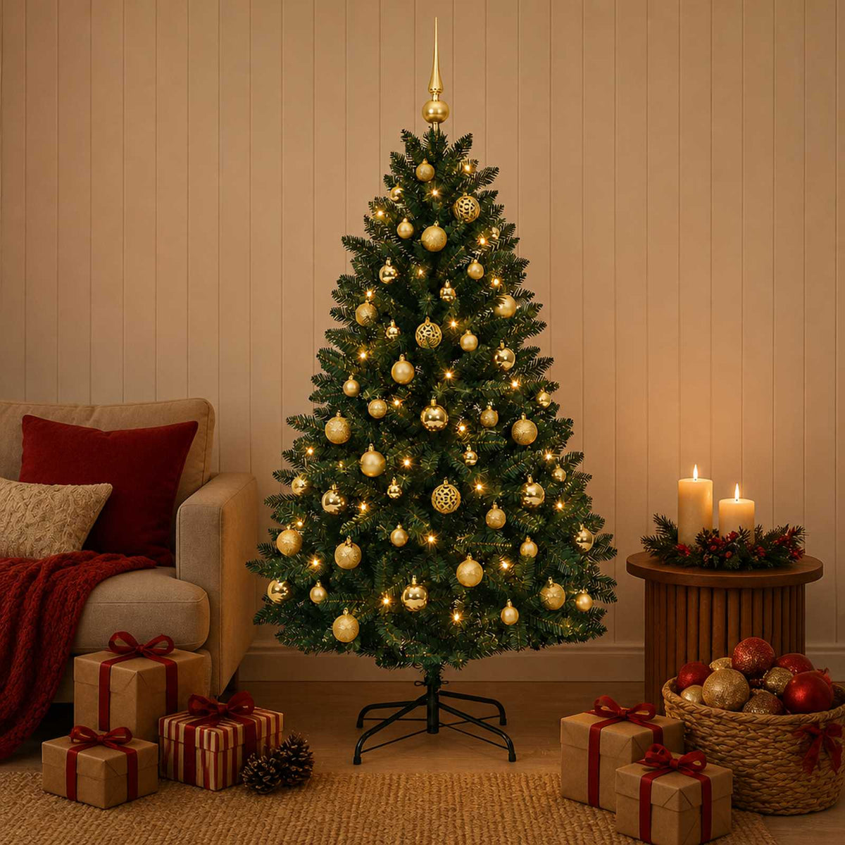 Artificial Christmas Tree with Bauble 150 cm Dark Green Ø 80 x 150 cm with 150 LEDs&gold balls
