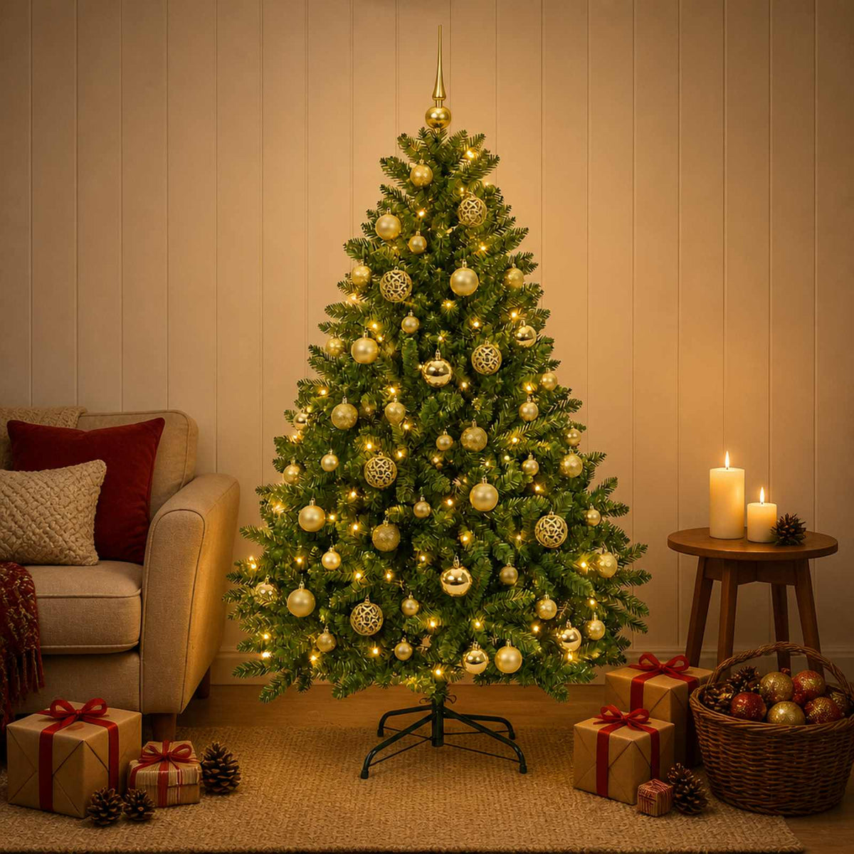 Artificial Christmas Tree with Bauble 120 cm Light Green Ø 88 x 120 cm with 150 LEDs&gold balls