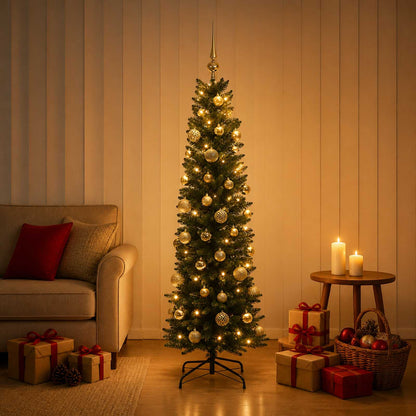 Artificial Slim Christmas Tree with Bauble 150 LEDs Green 120 cm with LEDs & gold/bronze balls