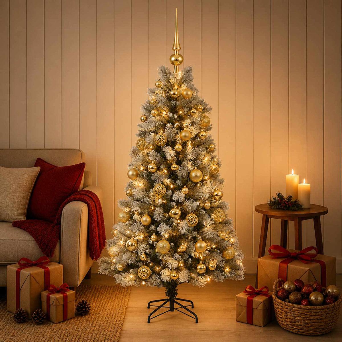 Artificial Hinged Christmas Tree with Baubles 150 LEDs 120 cm with LEDs & gold balls
