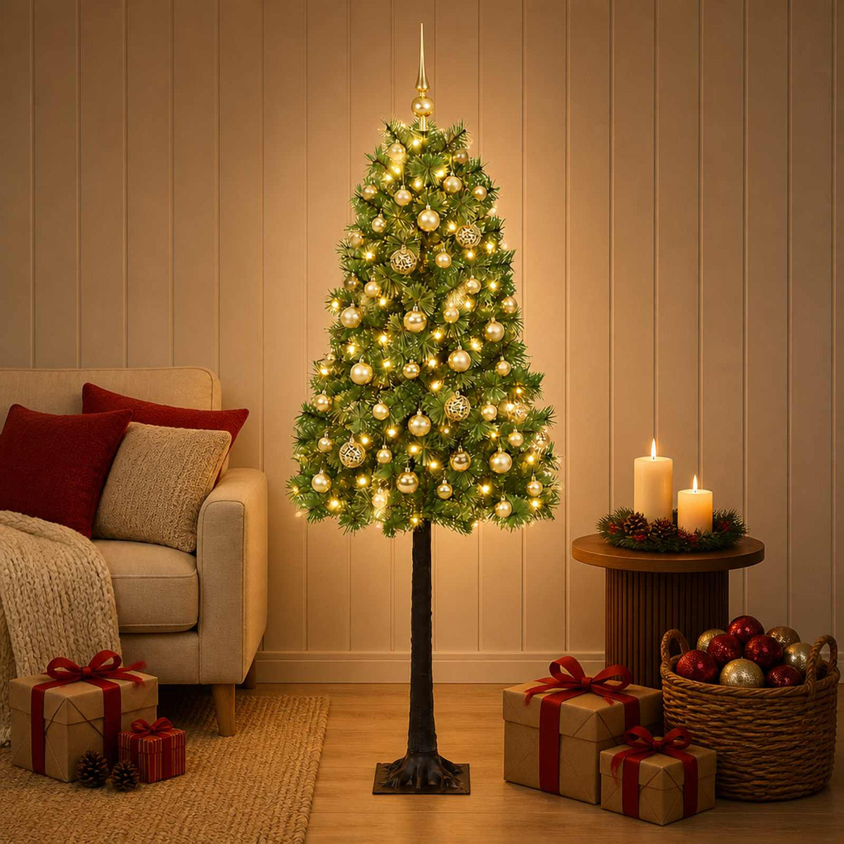 Artificial Hinged Christmas Tree with Baubles 150 LEDs Green 120 cm with LEDs & gold balls