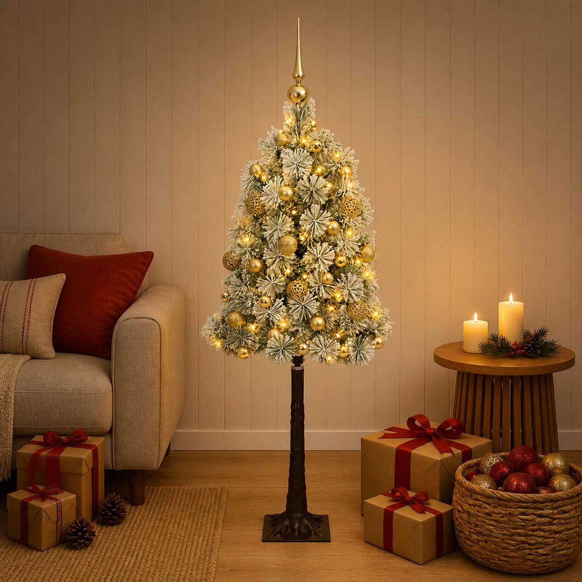Artificial Hinged Christmas Tree with Baubles 150 LEDs Green and white 120 cm with LEDs & gold balls