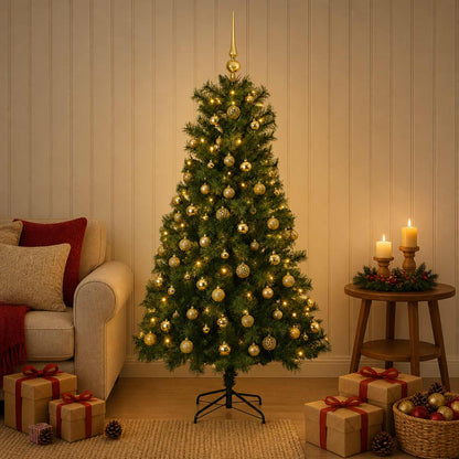 Artificial Hinged Christmas Tree with Baubles 150 LEDs Green 150 cm with LEDs & gold balls
