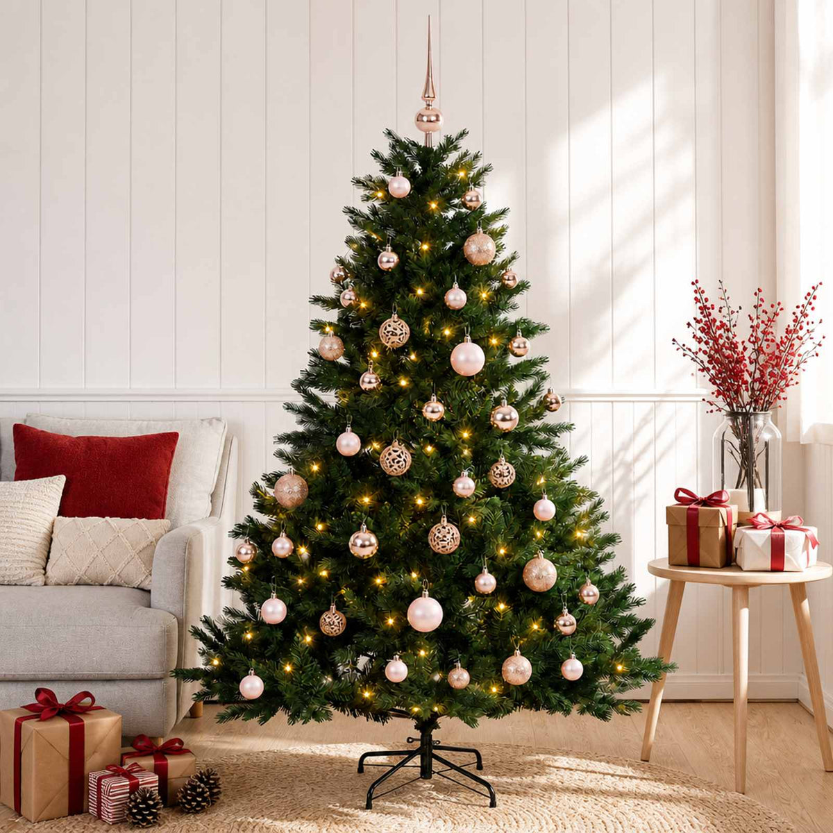 Artificial Christmas Tree with Bauble 150 LEDs Green Height 120 cm with LEDs & pink balls