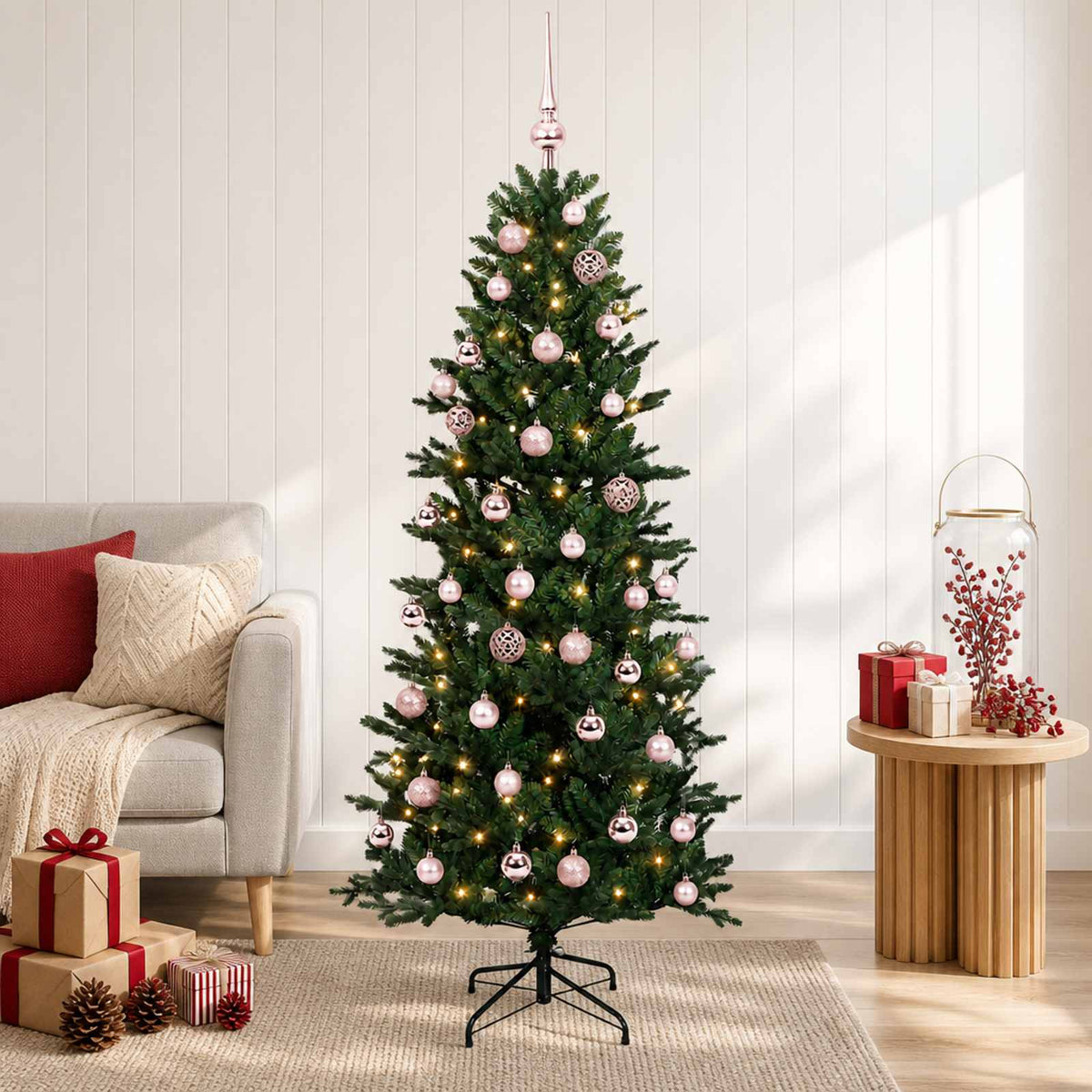Artificial Christmas Tree with Bauble 150 LEDs Green Height 120 cm with LEDs & pink balls