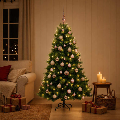 Artificial Christmas Tree with Bauble 150 LEDs Green with LEDs & pink balls
