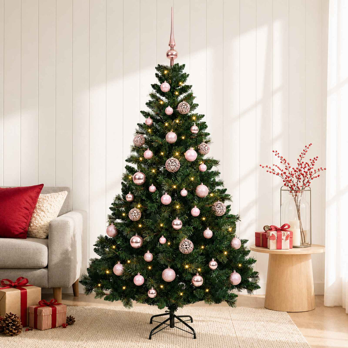 Artificial Christmas Tree with Bauble 150 LEDs Green Height 120 cm with LEDs & pink balls