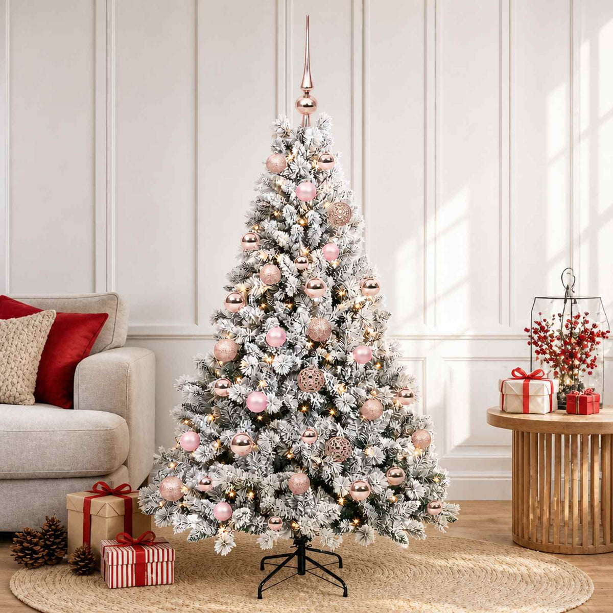 Artificial Christmas Tree with Bauble 150 LEDs Green and White Height 120 cm with LEDs & pink balls