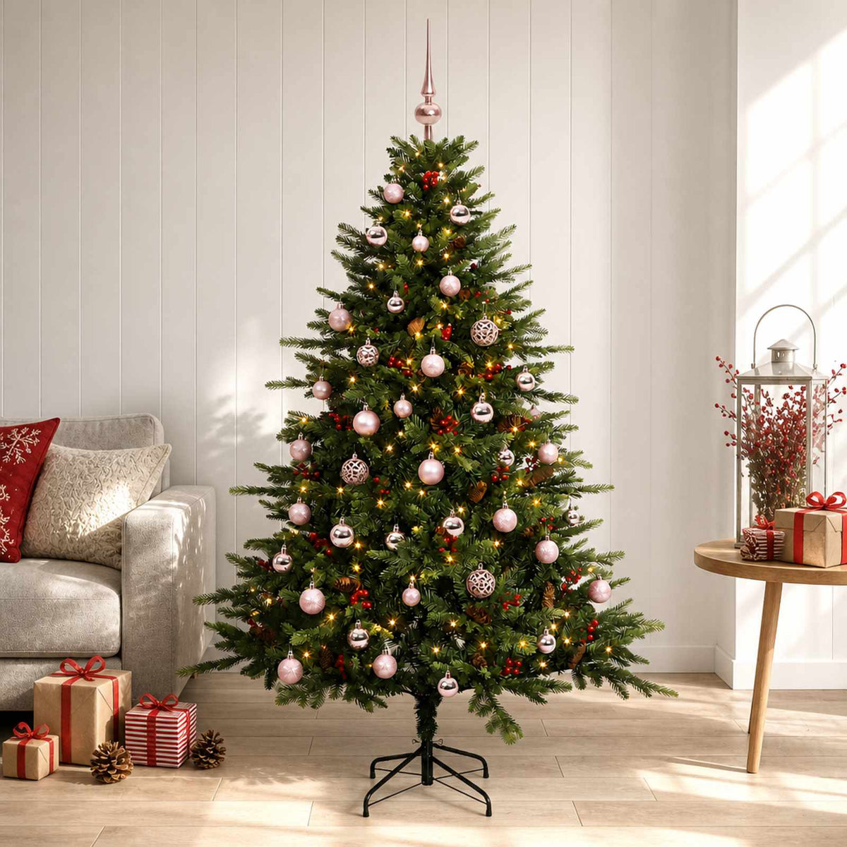 Artificial Christmas Tree with Bauble 150 LEDs Green 150 cm with LEDs & pink balls