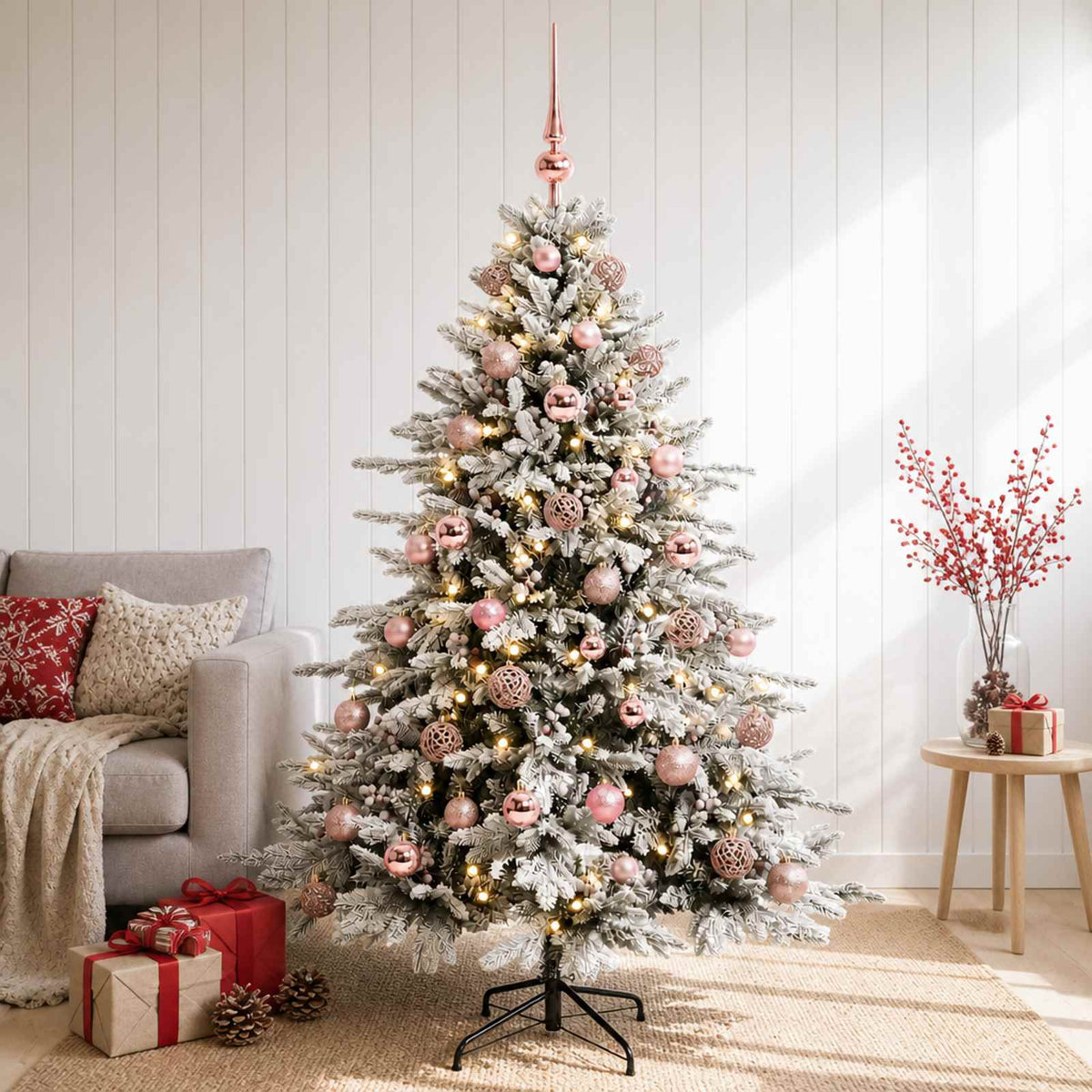 Artificial Christmas Tree with Bauble 150 LEDs Green and White 120 cm with LEDs & pink balls