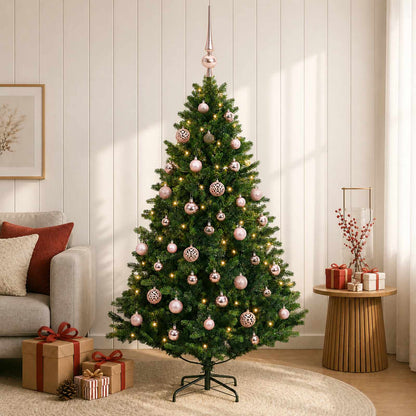 Artificial Christmas Tree with Bauble 150 LEDs Green 150 cm with LEDs & pink balls