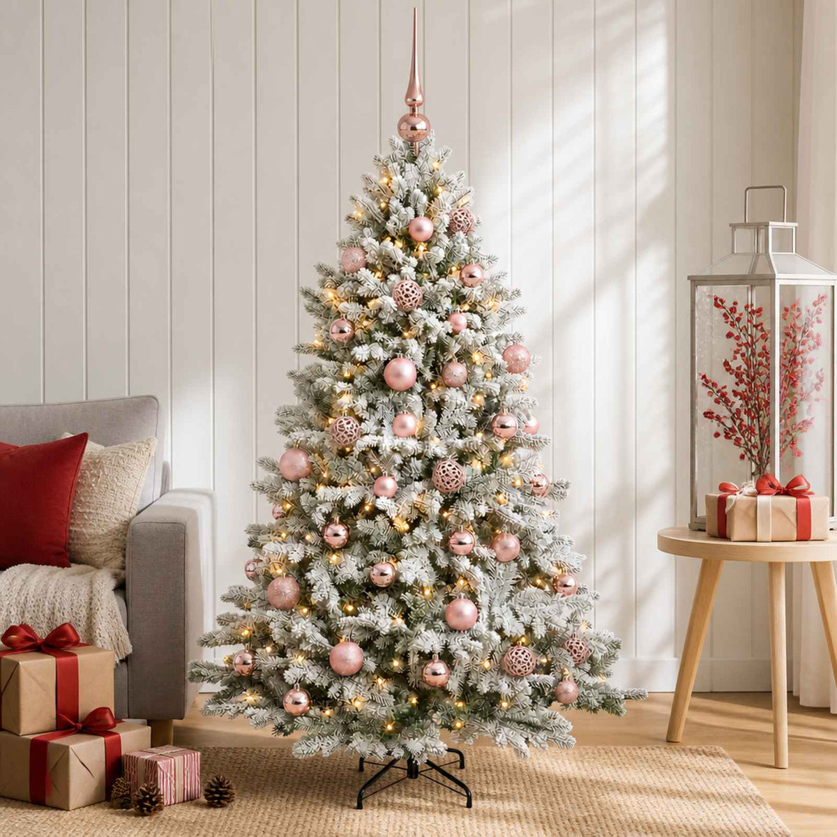 Artificial Christmas Tree with Bauble 150 LEDs Green and White 120 cm with LEDs & pink balls