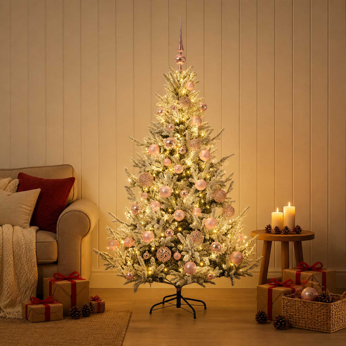 Artificial Christmas Tree with Bauble 150 LEDs Green and White 120 cm with LEDs & pink balls