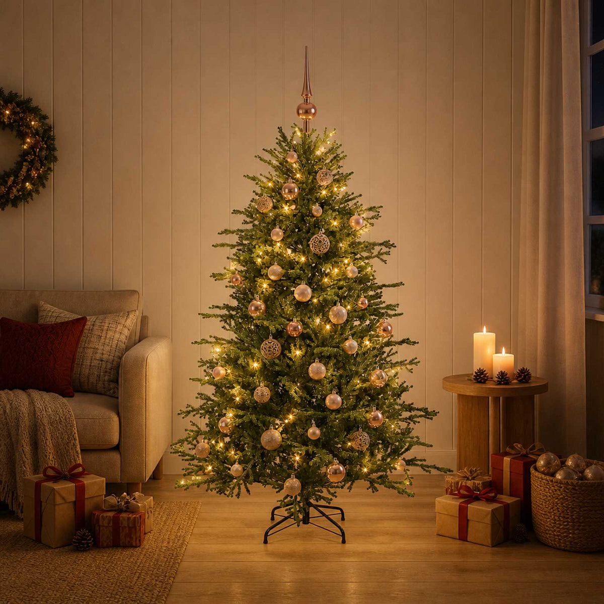 Artificial Christmas Tree with Bauble 150 LEDs 150 cm with LEDs & pink balls