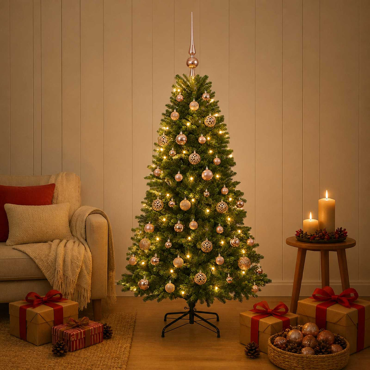 Artificial Christmas Tree with Bauble 150 LEDs 120 cm with LEDs & pink balls