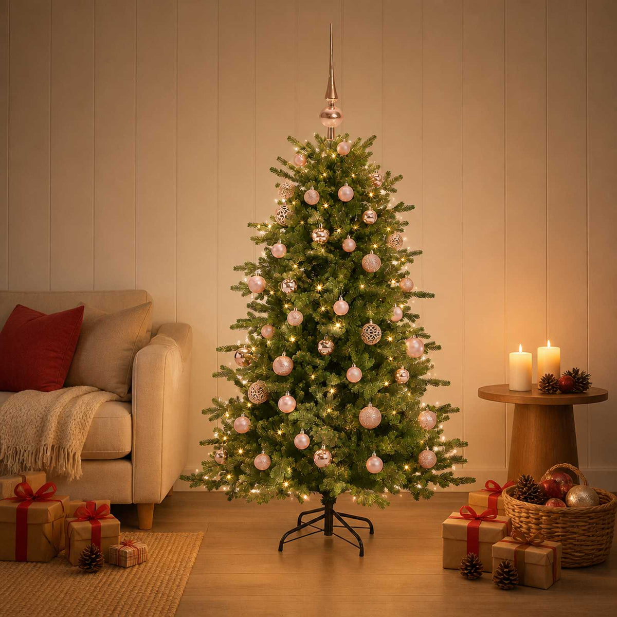 Artificial Christmas Tree with Bauble 150 LEDs 150 cm with LEDs & pink balls
