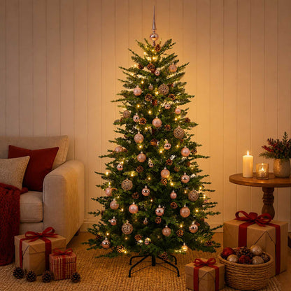 Artificial Hinged Christmas Tree 150 LEDs Warm White Green 120 cm with LEDs & pink balls