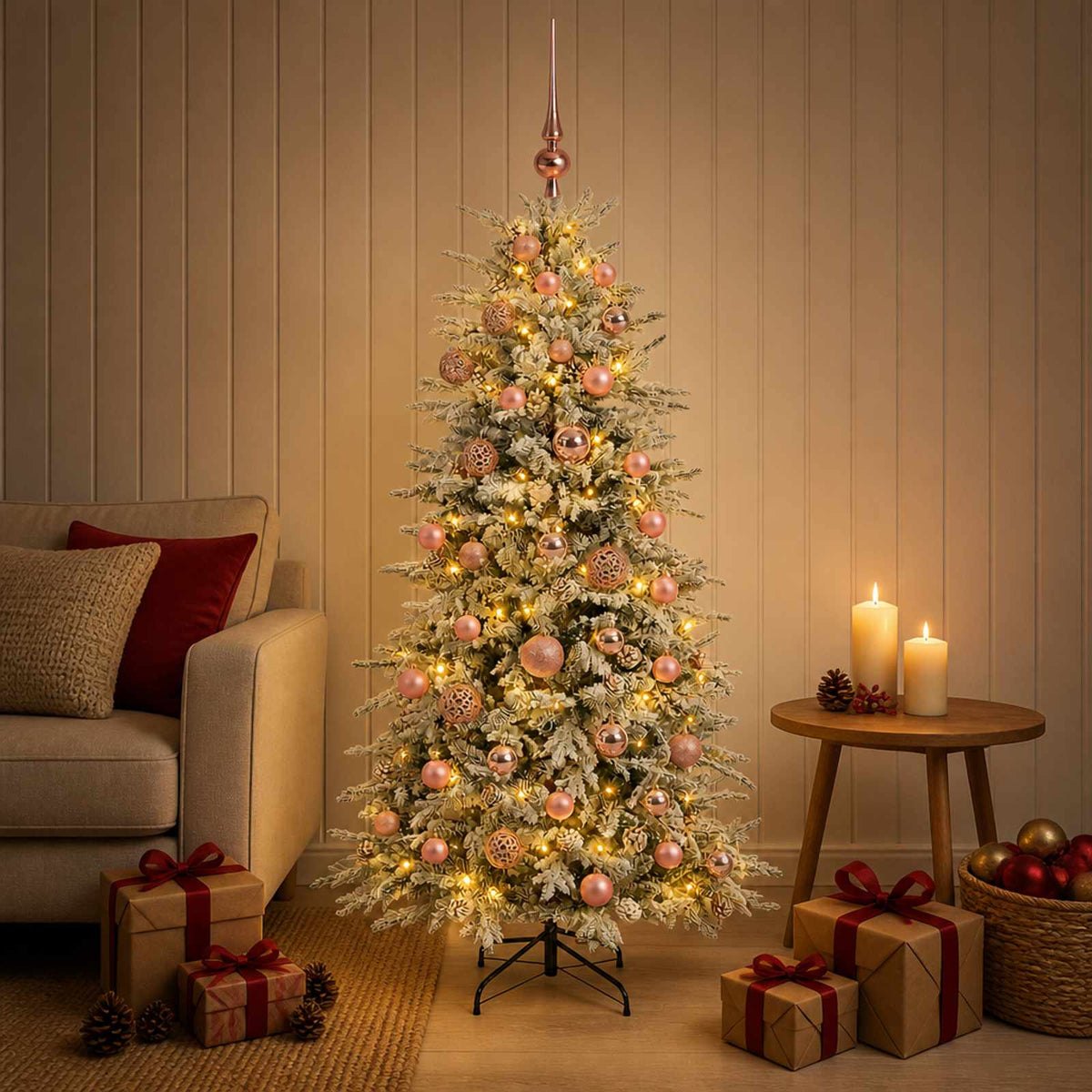 Artificial Hinged Christmas Tree 150 LEDs Warm White Green and White 120 cm with LEDs & pink balls