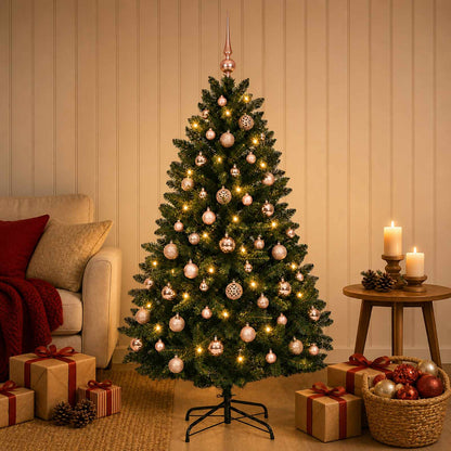 Artificial Christmas Tree with Bauble 150 cm Dark Green Ø 80 x 150 cm with 150 LEDs&pink balls