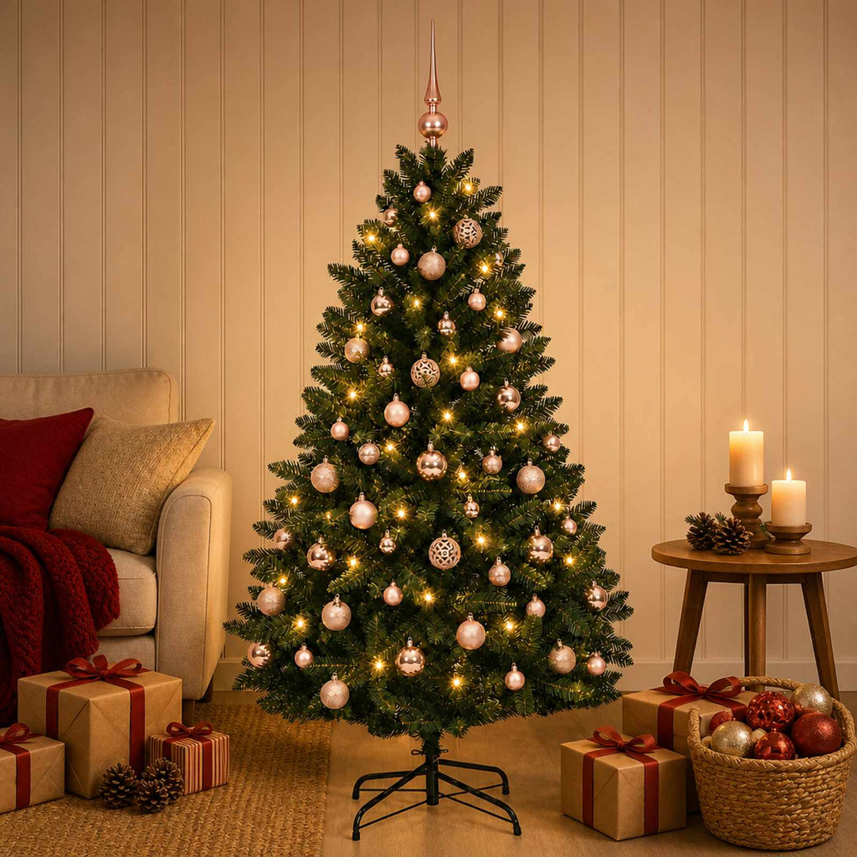 Artificial Christmas Tree with Bauble 180 cm Dark Green Ø 90 x 180 cm with 300 LEDs&pink balls